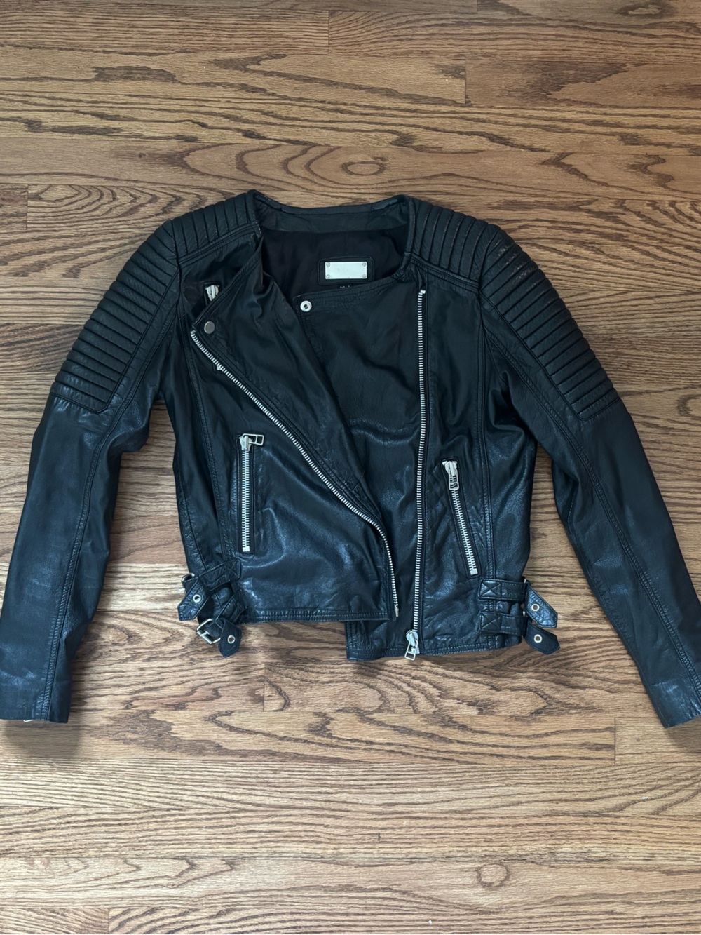 Mango Black Quilted Leather Biker Jacket